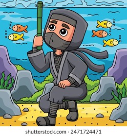 Ninja Hiding Under the Water Colored Cartoon