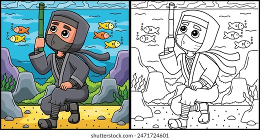 Ninja versteckt sich unter dem Wasser Farbenspiel Illustration