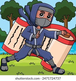 Ninja Holding a Big Scroll Colored Cartoon 