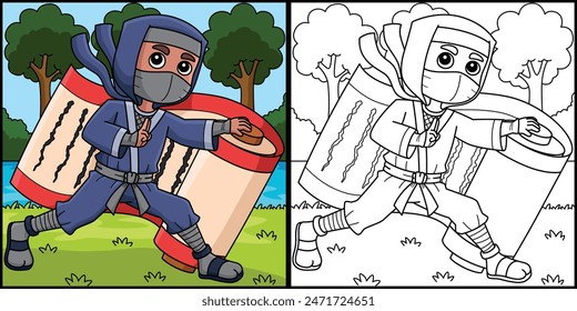 Ninja Holding a Big Scroll Coloring Illustration