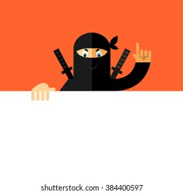 Ninja holding a blank sheet and making attention gesture with forefinger. Flat style vector illustration. Ninja in black mask's clothes