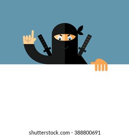Ninja holding a blank sheet and making attention gesture with forefinger. Flat style vector illustration. Ninja in black mask's clothes