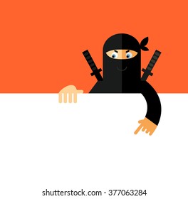 Ninja holding a blank sheet pointing. Flat style vector illustration. Ninja in black mask's clothes