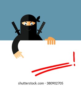 Ninja holding a blank sheet and pointing on red underline empty place. Flat style vector illustration. Ninja in black mask's clothes