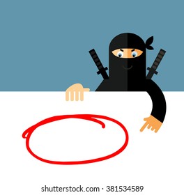 Ninja holding a blank sheet and pointing on red empty frame. Flat style vector illustration. Ninja in black mask's clothes