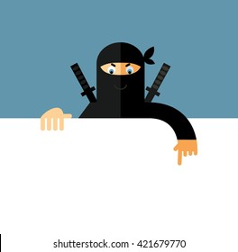 Ninja holding a blank sheet pointing. Flat style vector illustration. Ninja in black mask's clothes