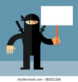 Ninja holding a blank sign. Flat style vector illustration. Ninja in black mask's clothes