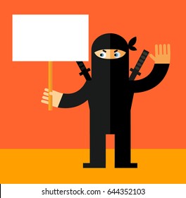 Ninja holding a blank sign. Flat style vector illustration. Ninja in black mask's clothes