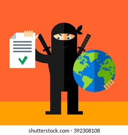 Ninja holding a globe and check list with green mark. Flat style vector illustration. Ninja in black mask's clothes