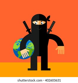 Ninja holding a globe. Flat style vector illustration. Ninja in black mask's clothes