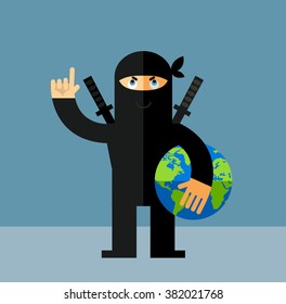 Ninja holding a globe and making attention gesture with forefinger . Flat style vector illustration. Ninja in black mask's clothes