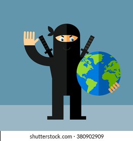 Ninja holding a globe and waving hand. Flat style vector illustration. Ninja in black mask's clothes