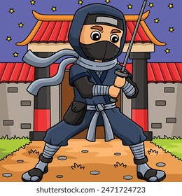 Ninja Holding Katana Colored Cartoon Illustration