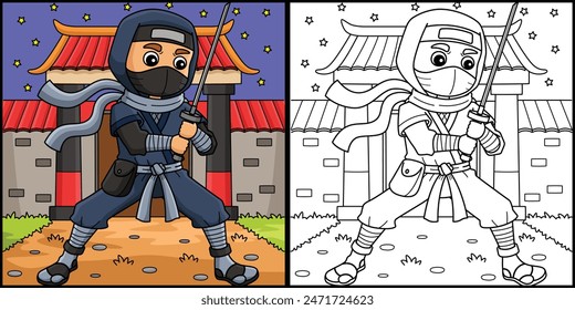 Ninja Holding a Katana Coloring Page Illustration