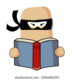 The ninja  holding open books and reading. Style Cartoon