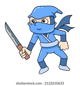 Ninja hält scharfes Schwert bereit zu kämpfen, Vektorgrafik Kunst. doodle Symbol-Bild kawaii.