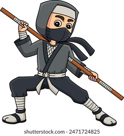 Ninja Holding a Staff Cartoon Colored Clipart 