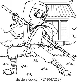 Ninja Holding a Staff Coloring Page for Kids