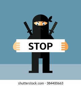 Ninja  holding a stop sign. Flat style vector illustration. Ninja in black mask's clothes