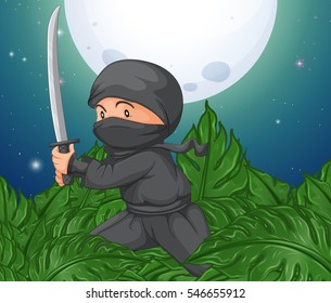 Ninja holding sword in the bush illustration