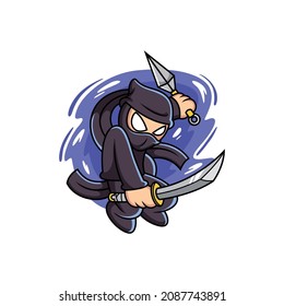 Ninja sostiene una espada con una pose linda. Ilustración vectorial de dibujos animados aislada en vector premium