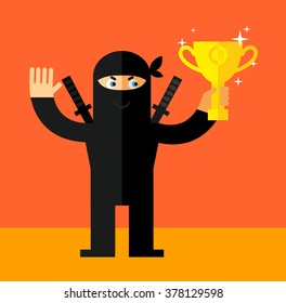 Ninja holding winning trophy. Flat style vector illustration. Ninja in black mask's clothes