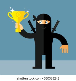 Ninja holding winning trophy. Flat style vector illustration. Ninja in black mask's clothes