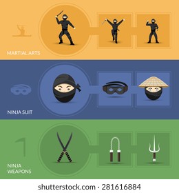 Ninja horizontal banners set with suit weapon and martial arts elements isolated vector illustration