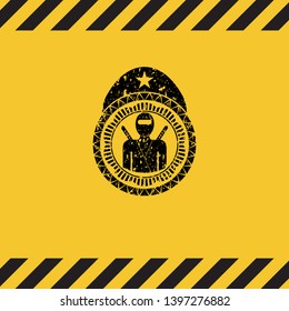 ninja icon black grunge emblem, yellow warning sign. Vector Illustration. Detailed.