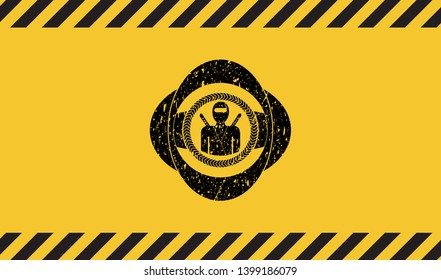 ninja icon black grunge emblem with yellow background. Vector Illustration. Detailed.