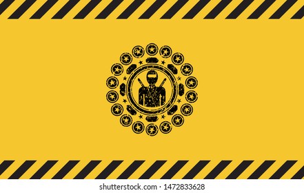 ninja icon black grunge emblem inside yellow warning sign. Vector Illustration. Detailed.