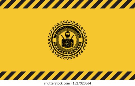 ninja icon black grunge emblem inside yellow warning sign. Vector Illustration. Detailed.