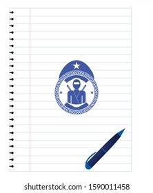 ninja icon draw with pen effect. Blue ink. Vector Illustration. Detailed.