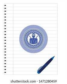 ninja icon emblem draw with pen effect. Blue ink. Vector Illustration. Detailed.