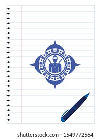 ninja icon emblem drawn with pen. Blue ink. Vector Illustration. Detailed.