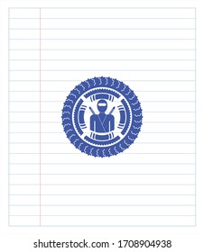 ninja icon emblem with pen effect. Blue ink. Vector Illustration. Detailed. 
