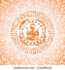 ninja icon inside abstract emblem, orange mosaic background
