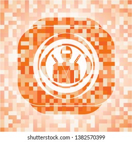 ninja icon inside abstract orange mosaic emblem with background