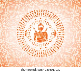 ninja icon inside abstract orange mosaic emblem