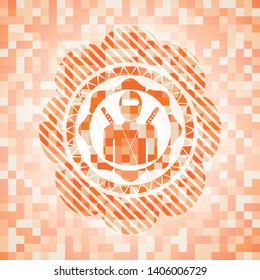 ninja icon inside abstract orange mosaic emblem with background