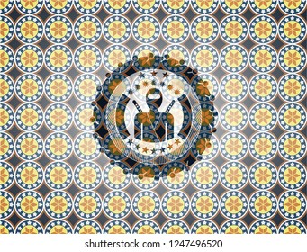 ninja icon inside arabic badge. Arabesque decoration.