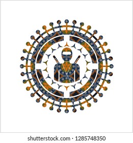 ninja icon inside arabic badge. Arabesque decoration.