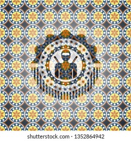 ninja icon inside arabic badge background. Arabesque decoration.