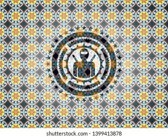 ninja icon inside arabic badge background. Arabesque decoration.