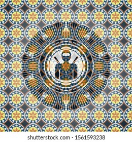 ninja icon inside arabic badge background. Arabesque decoration.