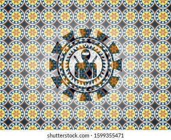 ninja icon inside arabic badge background. Arabesque decoration.