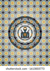 ninja icon inside arabic badge background. Arabesque decoration.