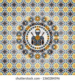 ninja icon inside arabic style badge. Arabesque decoration.