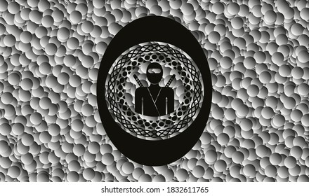 icono de ninja dentro del emblema negro con fondo de burbujas grises. Vintage. Ilustración vectorial. Detallado. 