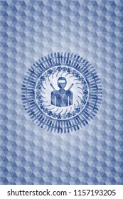 ninja icon inside blue emblem with geometric pattern.